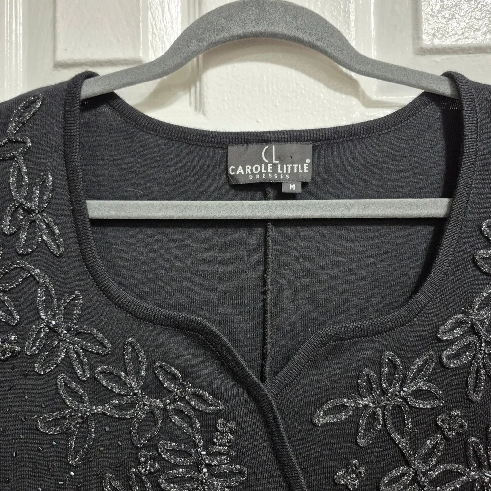 Carole Little Dresses Black Beaded Floral Knit Midi Dress Short Sleeve Womens M